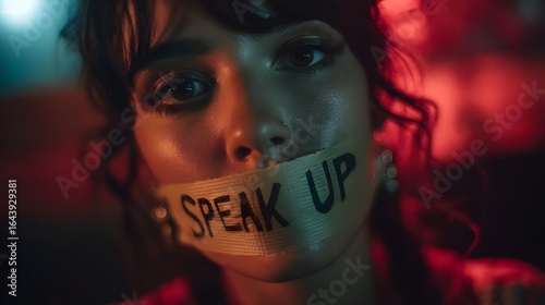 Woman with tape over mouth holding “Speak Up” sign in dim lighting.
Concept : Gender rights, silencing, activism, freedom of speech, empowerment, social justice.