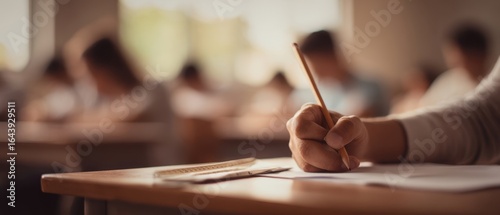 The student engaged in a focused exam activity inside a classroom setting.