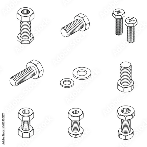 Vector art of set of different bolts and screws isolated on white background