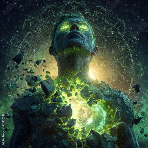 surreal humanoid figure standing in cosmic space, their chest cracked open with radiant galaxies and green light spilling out, glowing eyes, sacred geometry forming around the fracture, fragments of s
