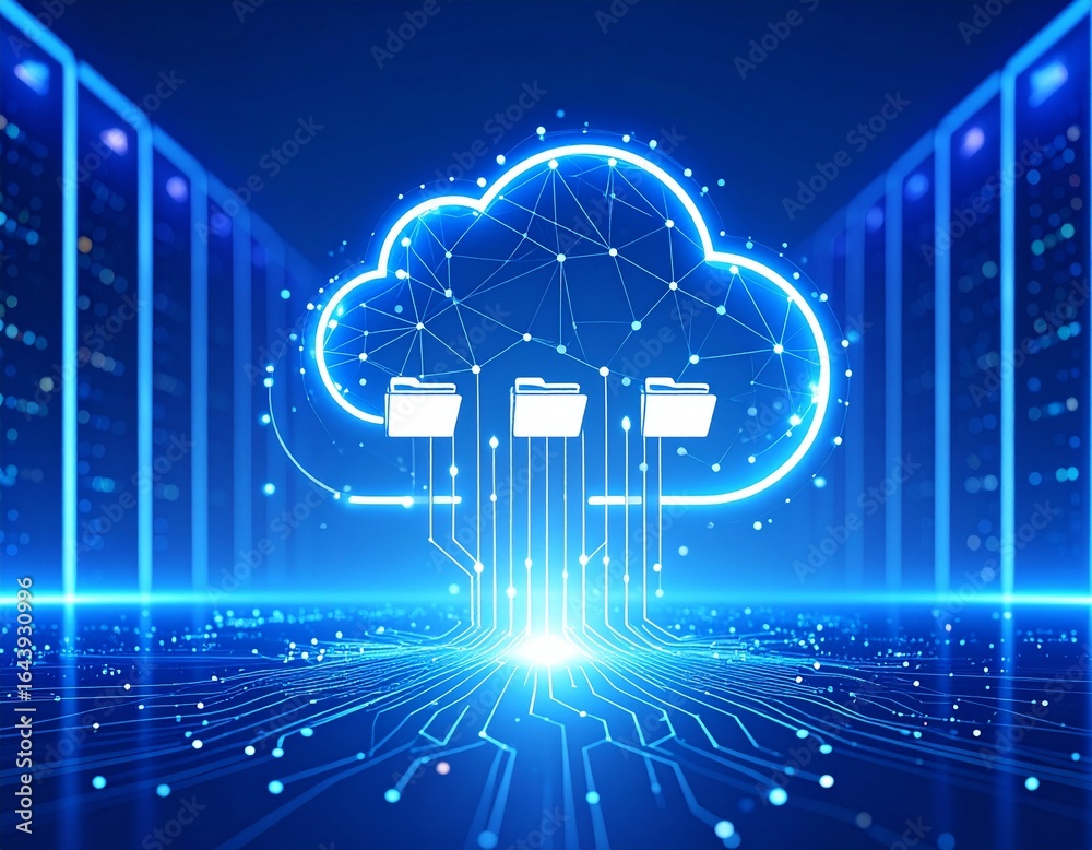 Fototapeta premium Futuristic cloud computing technology illustrating data storage, information transfer, and network management within a server data center.