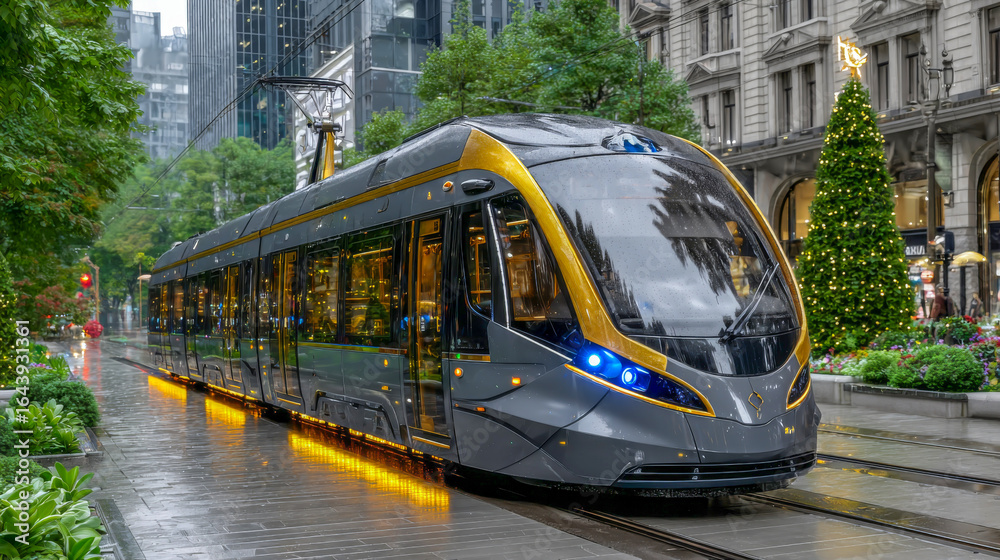 Fototapeta premium Modern tram with sleek design and vibrant colors is traveling along a city street, surrounded by lush greenery and festive decorations, showcasing urban transportation innovation