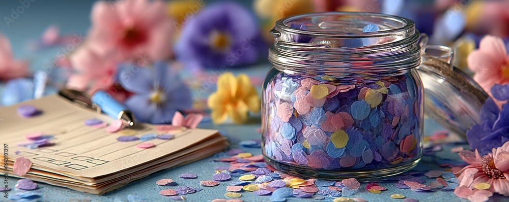 Fototapeta premium A colorful jar of confetti beside flowers and checklist on a table
