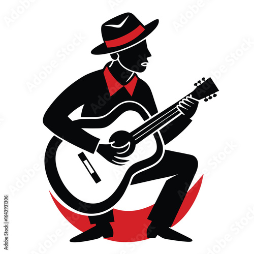 A rock musician wearing a hat plays an electric guitar with a child watching him