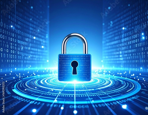 Wallpaper Mural Cybersecurity and network data protection concept showing a glowing padlock on a futuristic digital background with binary code. Torontodigital.ca