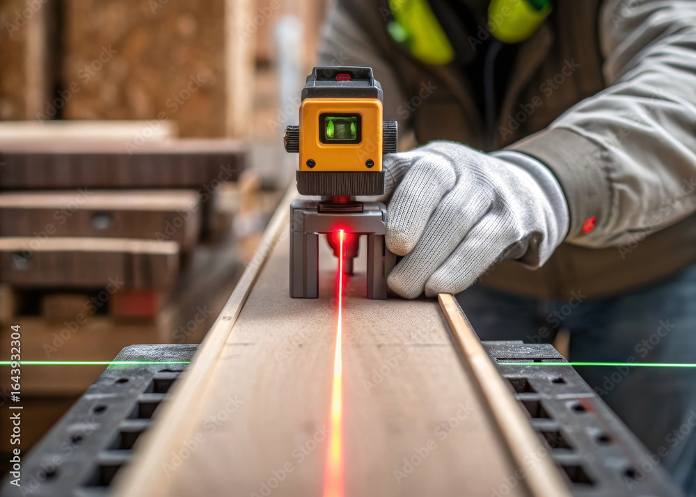 custom made wallpaper toronto digitalLaser level gloved hand wood construction precision measurement tool workshop focus accuracy create focused and precise atmosphere woodworking workshop as gloved hand operates laser level tool