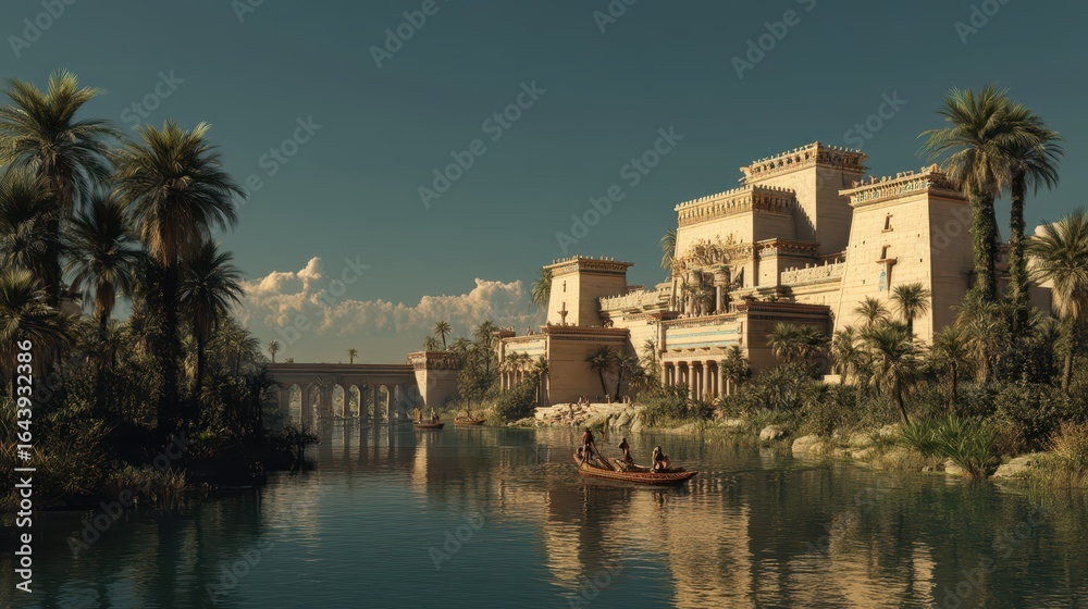 Obraz premium Majestic Ancient Kingdom Palace Overlooking Serene Riverbank Scene