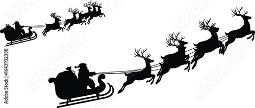 Santa claus in sleigh with reindeer flying in the sky silhouette isolated on white background