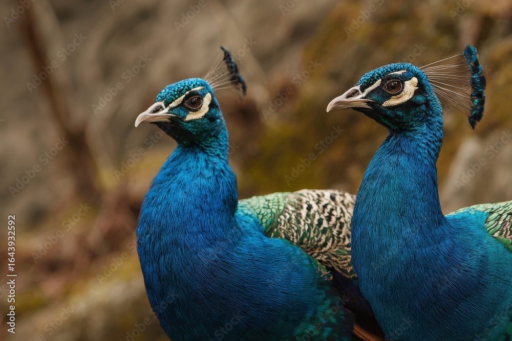 Fototapeta premium Vibrant peacocks display their stunning colors in a natural habitat during the golden hour of the early evening