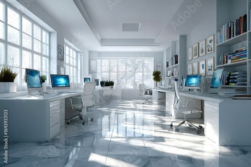 Modern open space office interior with snowy winter view