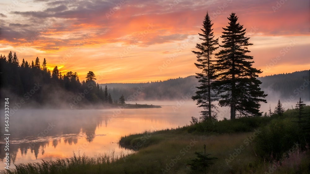 Naklejka premium Early morning mist hovers above a peaceful lake, reflecting the stunning orange and yellow sunrise sky, framed by dark evergreen forest trees.