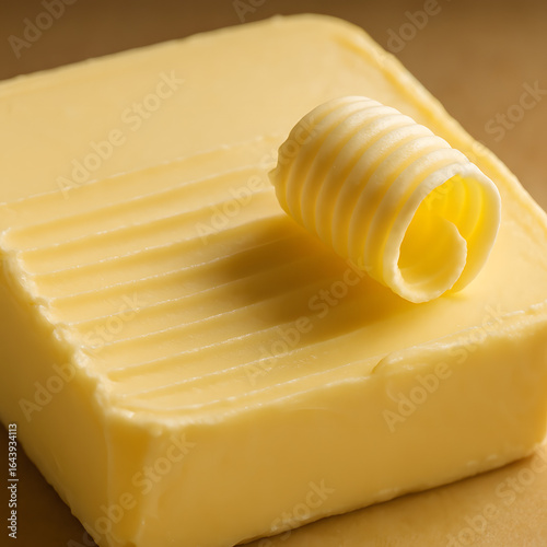 Close-up of curled butter curl resting on smooth square block with textured surface in warm lighting. Concept of dairy, cooking and culinary aesthetics
