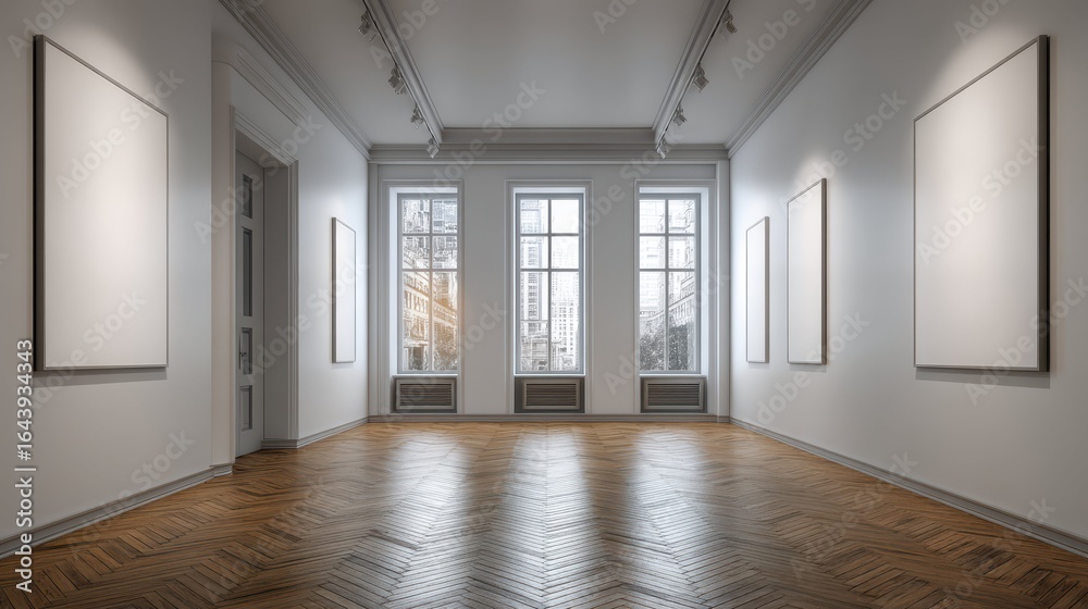 Obraz premium Minimalist Art Gallery Interior with Blank White Walls and Natural Light