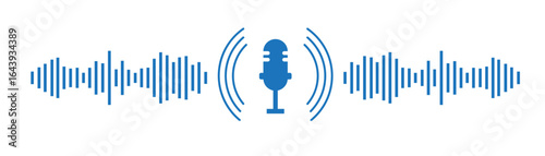 Microphone icon with sound waves, recording voice message sign blue color 