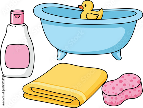 Baby Bath Time Vector Set  Tub with Rubber Duck, Shampoo, Towel and Sponge Clipart