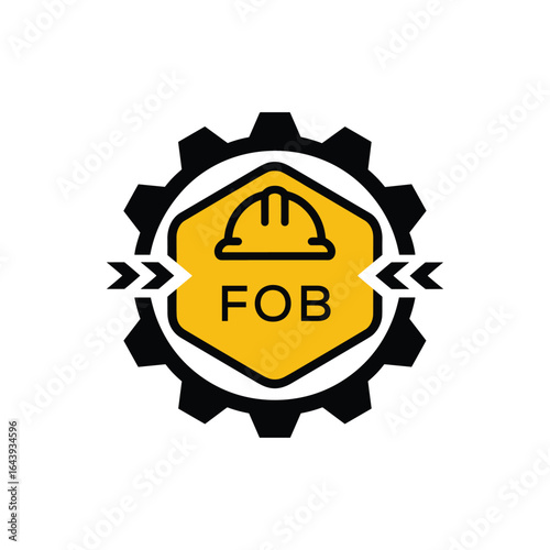 FOB Letter Logo. FOB Construction and Engineering Logo with Gear, Shield, and Safety Helmet Icon. FOB Industrial and Mechanical Company Branding Design.
