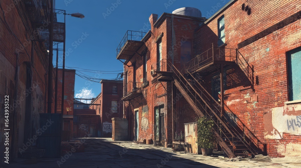 Fototapeta premium Urban Back Alley in Industrial District with Red Brick Buildings