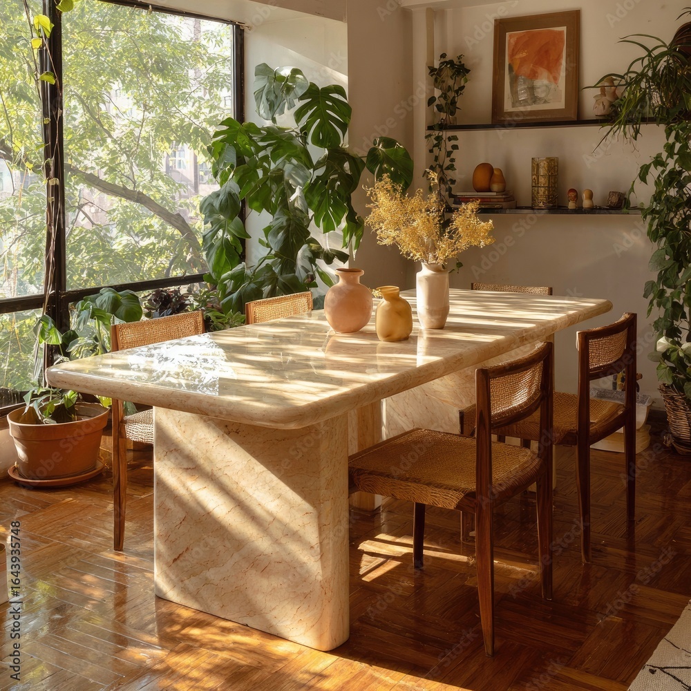 Sunlit dining room with a large, light-colored stone dining table, mid-century modern chairs, potted plants, and a built-in shelving unit. Sunlight streams through a large window Sunlit dining room with a large, light-colored stone dining table, mid-century modern chairs, potted plants, and a built-in shelving unit. Sunlight streams through a large window