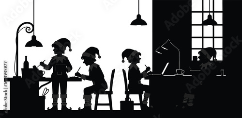 Illustration of santas workshop with elves making toys in silhouette, perfect for christmas theme