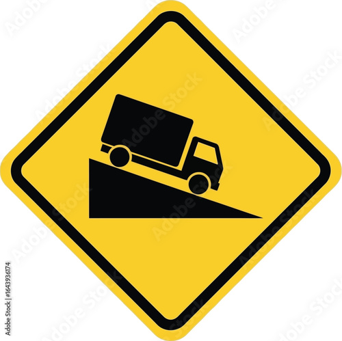 Warning Sign Steep Grade Ahead for Trucks - Road Hazard Symbol with a Truck Ascending a Hill