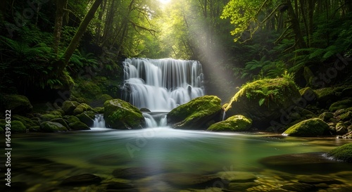  Crystal clear waterfall flowing through lush green forest with sunlight filtering through leaves