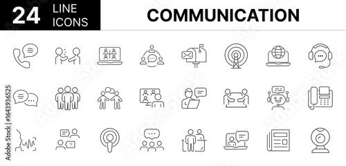 Collection of 24 Communication line icons featuring editable strokes. These outline icons depict various modes of Communication, symbol, signs, vector, communication, business, set, line, group, outli