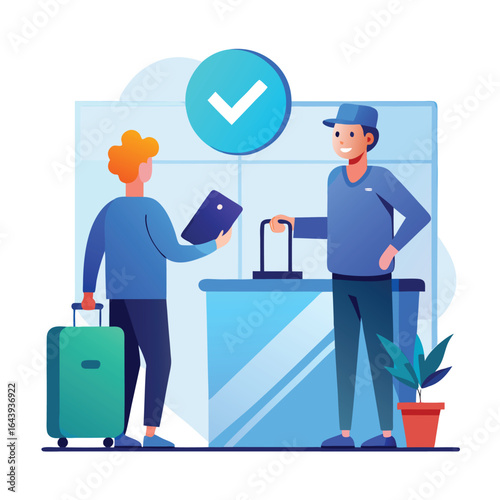 Minimalist Check-in Vector Icon: Person at Counter with Suitcase

