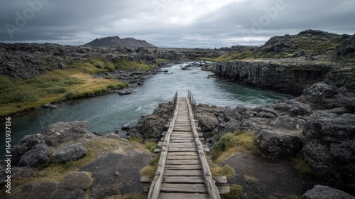 Wallpaper Mural Broken Wooden Bridge Across a Lava River in a Rugged Landscape Torontodigital.ca