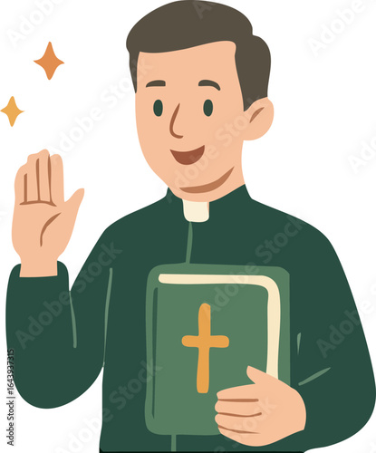 An illustration of a smiling priest holding a Bible with a cross on the cover, raising his hand in greeting or blessing.