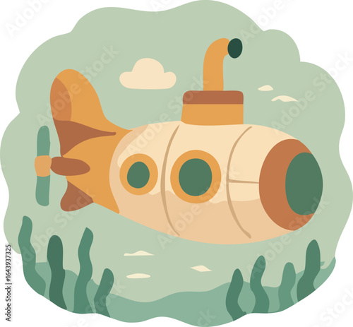 A cartoon-style yellow submarine with round windows is depicted underwater surrounded by seaweed and light green water.