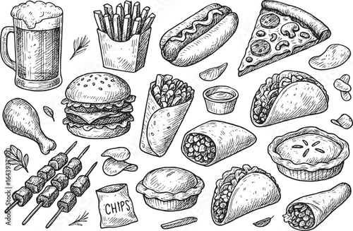 Fast Food Engraving Illustration Set 🍔🍺: Hand-drawn vintage-style burger, pizza, tacos, and beer. Ideal for retro menus, posters, and branding.
