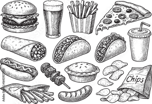 Fast Food Engraving Illustrations 🍔🥤: Hand-drawn vintage-style burger, pizza, hot dog, and soda. Ideal for classic menu design and posters.