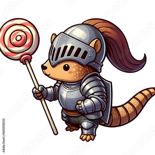 Armored armadillo holding a swirled lollipop isolated on a transparent background knight helmet