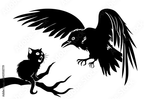 Angry Bird Attacking Cat in Tree Vector Illustration