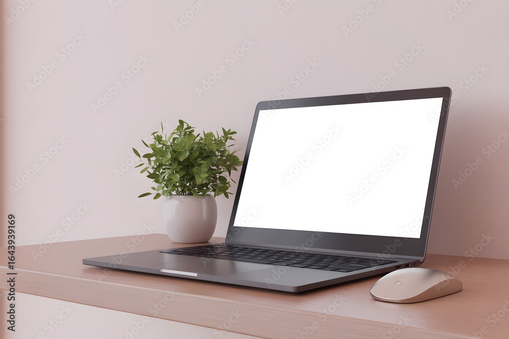 Fototapeta premium Modern laptop with blank screen and computer mouse on a wooden desk next to a potted plant
