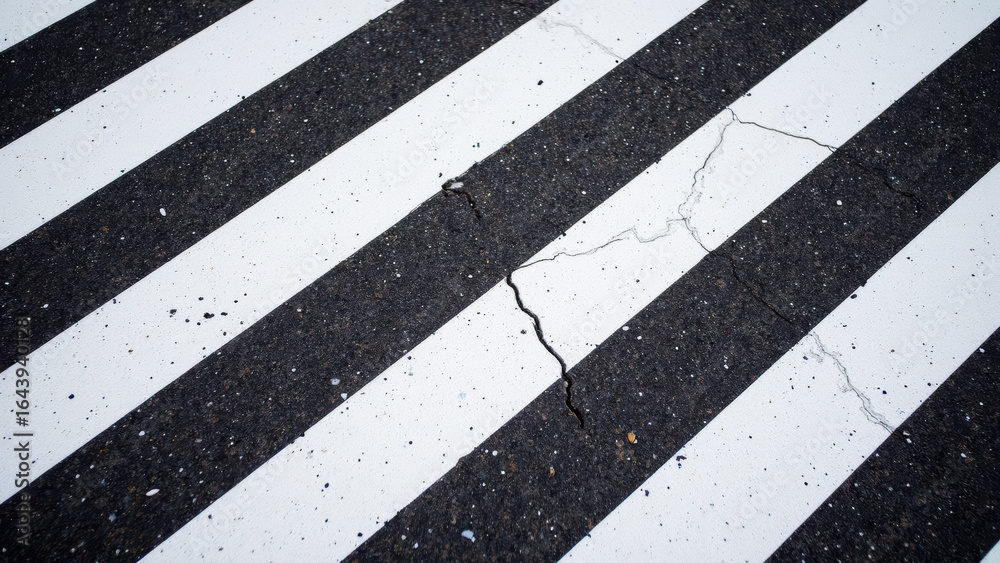 Fototapeta premium Cracked pavement crosswalk with white stripes, showcasing urban wear and tear. contrast between dark asphalt and bright lines creates striking