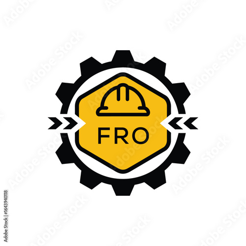 FRO Letter Logo. FRO Construction and Engineering Logo with Gear, Shield, and Safety Helmet Icon. FRO Industrial and Mechanical Company Branding Design.
