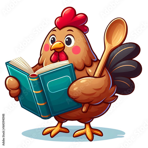 Brown chicken with red comb holding open book and wooden spoon isolated on a transparent background image