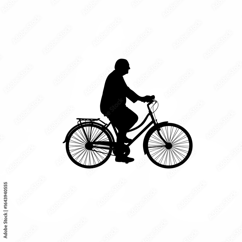 Fototapeta premium Senior gentleman walking his bicycle silhouette isolated on white background