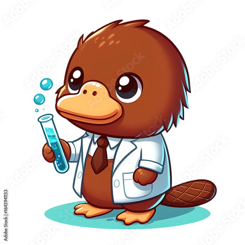 Cartoon platypus scientist holding test tube with bubbles isolated on a transparent background coat