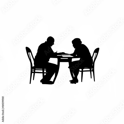 Senior husband and wife planning retirement saving silhouette isolated on white background