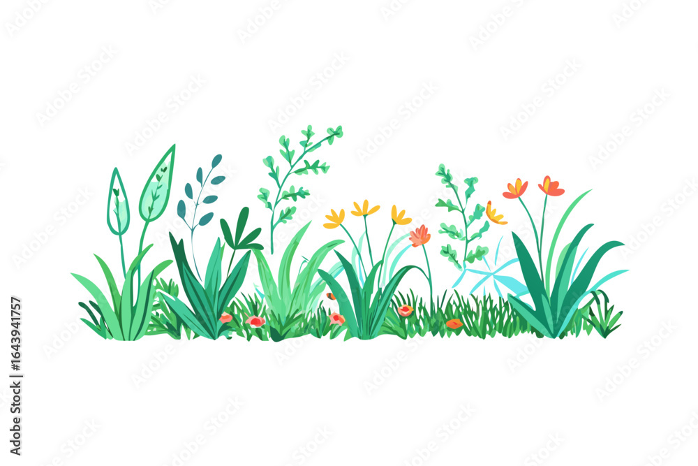 Obraz premium Lush green garden border with flowers illustration