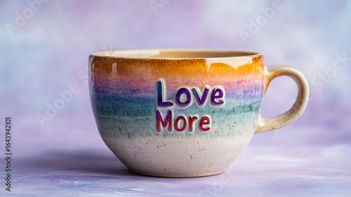 Colorful ceramic cup with inspirational text sitting on a soft pastel background showcasing love and positivity