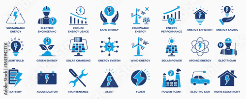 Electricity, electrical energy flat icon collection set. Contains icons Electric power line, energy, light bulb and electrical equipment. Vector Illustration.