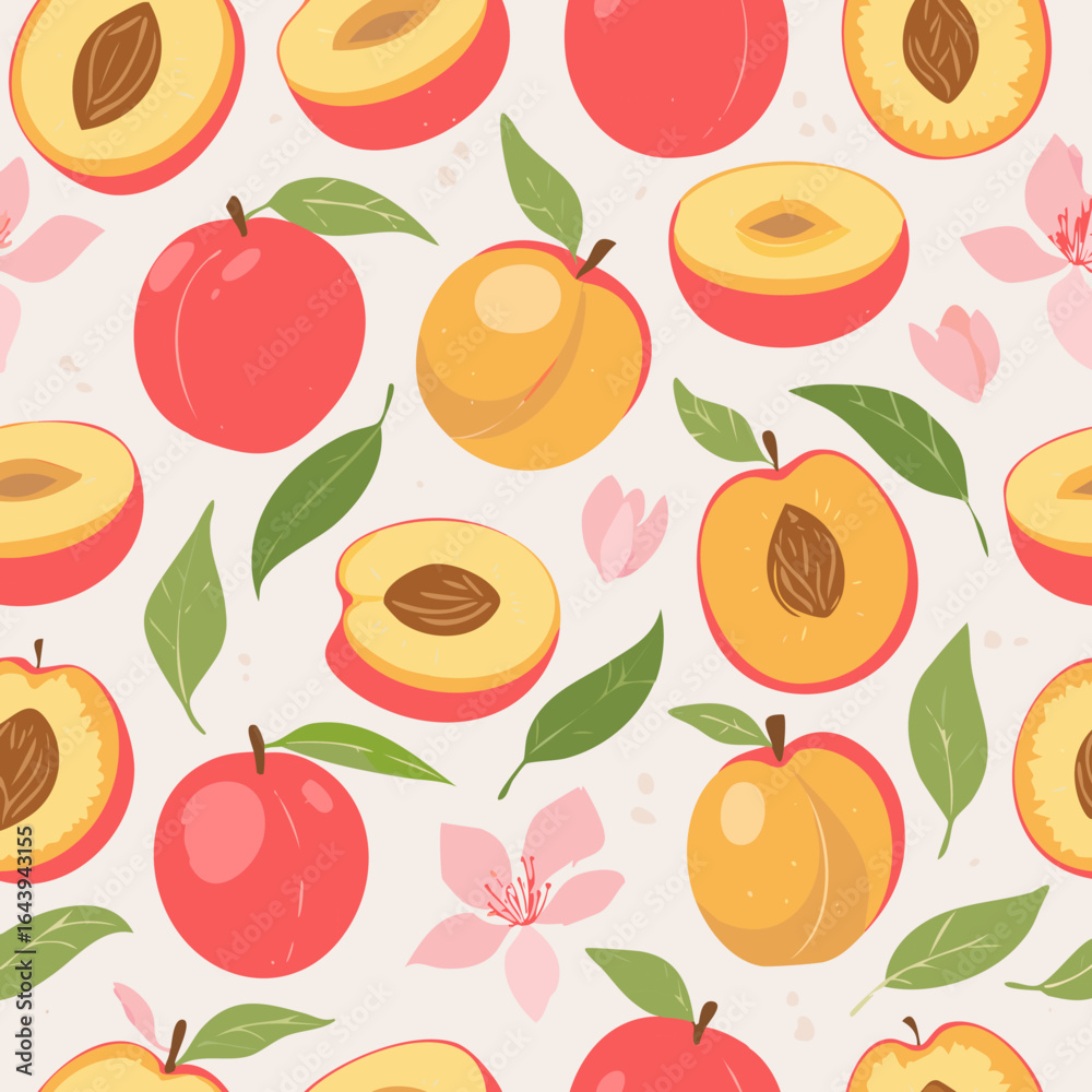 Fototapeta premium Seamless pattern with whole peaches, peach halves, green leaves, and pink blossoms on pastel background. Fresh summer fruit design in minimal, clean, hand-drawn retro style