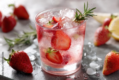 Wallpaper Mural Refreshing strawberry cocktail with ice served on a gray stone table surrounded by fresh strawberries and lemon slices Torontodigital.ca