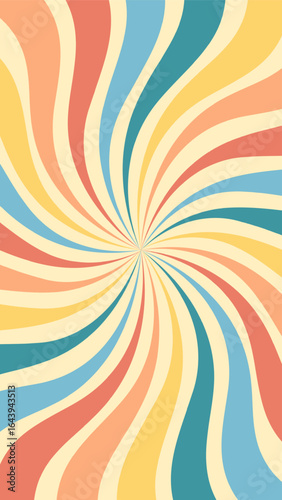 Colorful swirl retro burst background. Summer groovy vertical wallpaper design