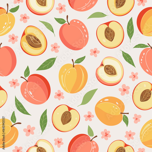 Seamless pattern with whole peaches, peach halves, green leaves, and pink blossoms on pastel background. Fresh summer fruit design in minimal, clean, hand-drawn retro style