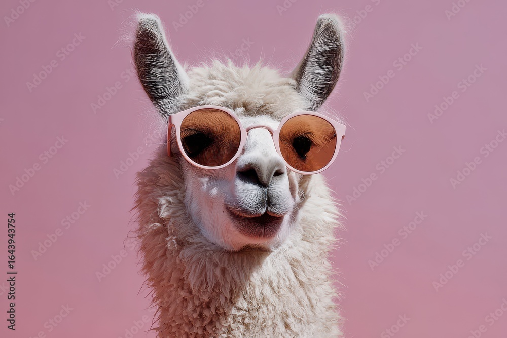 Obraz premium Llama wearing stylish sunglasses against a pink background in a playful and vibrant setting at sunset