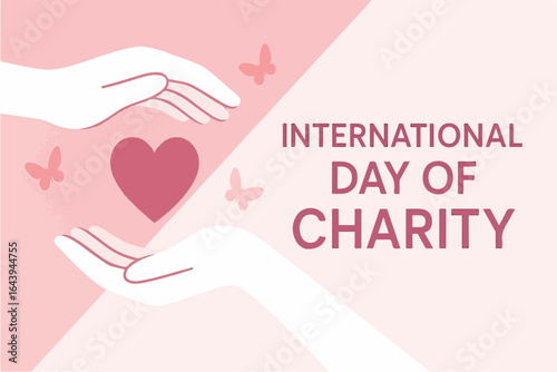 International day of charity concept with caring hands holding a heart and butterflies